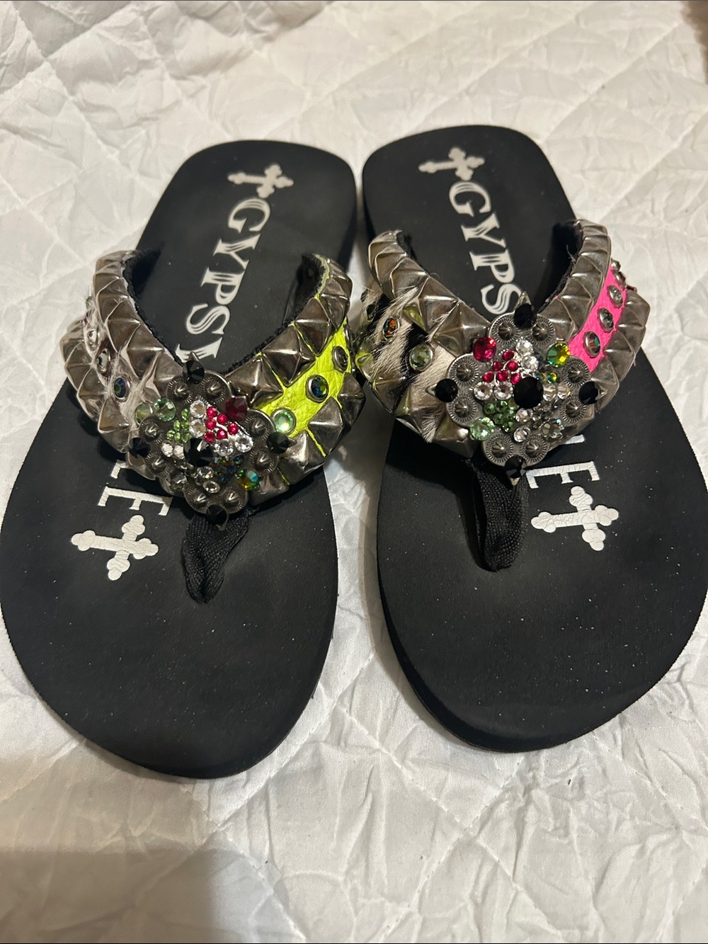 Gypsy Jazz Black Flip Flops with Neon Pink & Neon Yellow Gem Accents